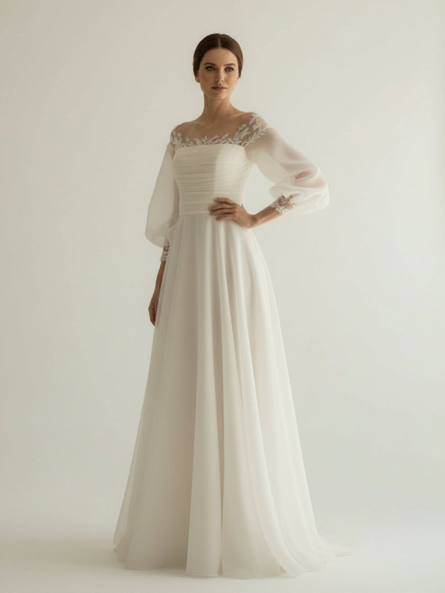 Elegant Simple Beach A - Line Lace Organza Floor Zipper Low - V BackWedding Dress with Sheer Sleeve - KissProm