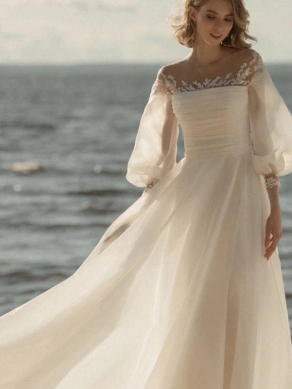 Elegant Simple Beach A - Line Lace Organza Floor Zipper Low - V BackWedding Dress with Sheer Sleeve - KissProm