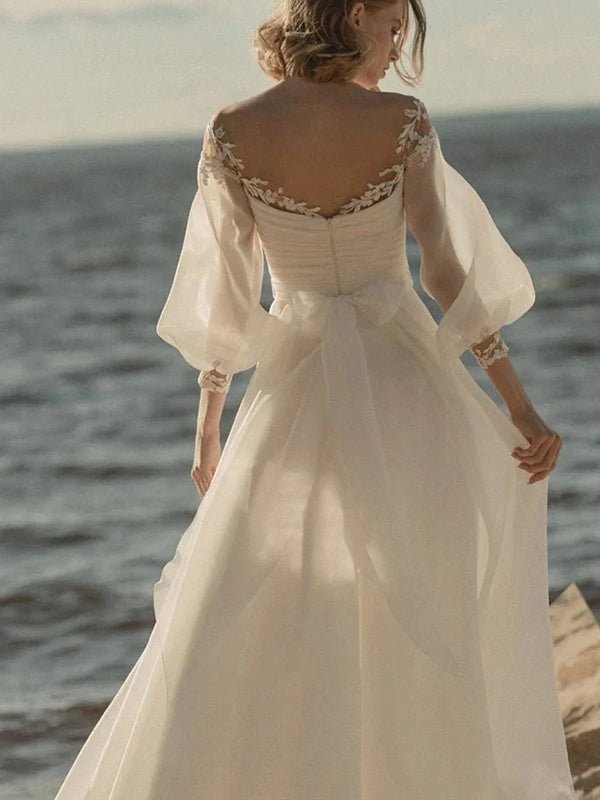 Elegant Simple Beach A - Line Lace Organza Floor Zipper Low - V BackWedding Dress with Sheer Sleeve - KissProm