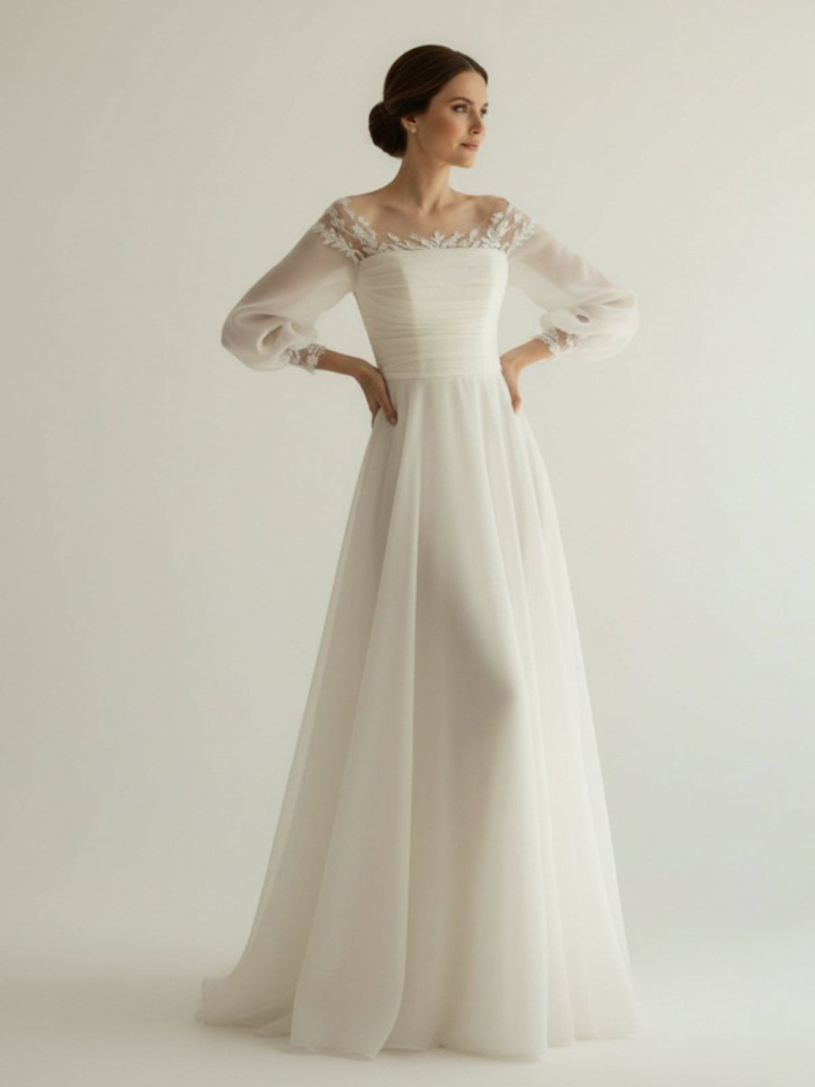 Elegant Simple Beach A - Line Lace Organza Floor Zipper Low - V BackWedding Dress with Sheer Sleeve - KissProm