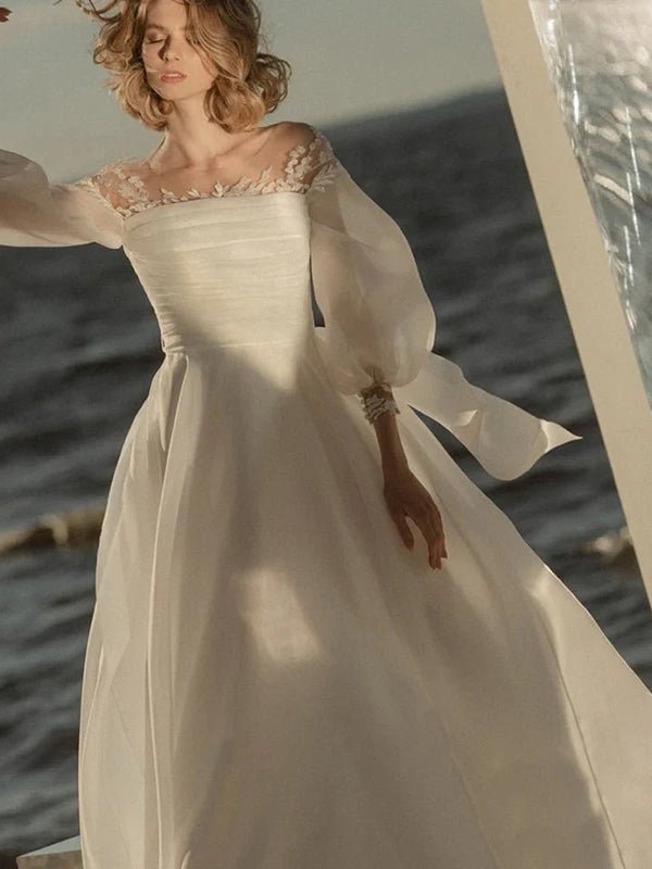 Elegant Simple Beach A - Line Lace Organza Floor Zipper Low - V BackWedding Dress with Sheer Sleeve - KissProm