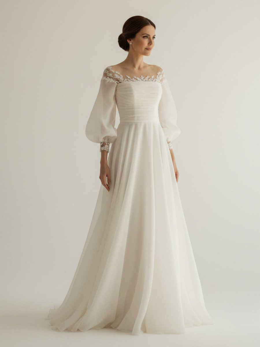 Elegant Simple Beach A - Line Lace Organza Floor Zipper Low - V BackWedding Dress with Sheer Sleeve - KissProm