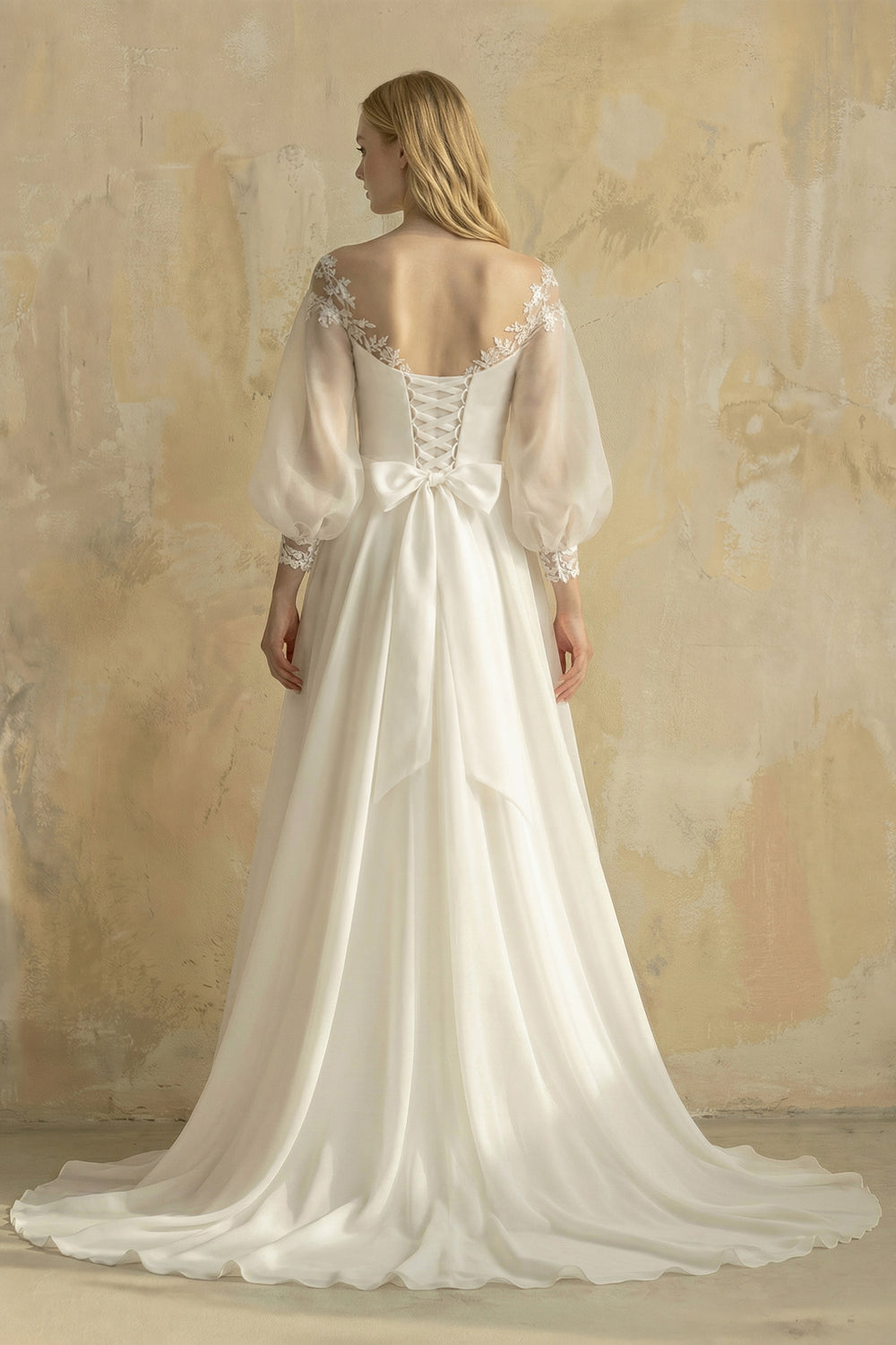Elegant Simple Beach A-Line Lace Organza Floor Zipper Low-V BackWedding Dress with Sheer Sleeve – Wedding Dresses by KissProm | Available at KissProm