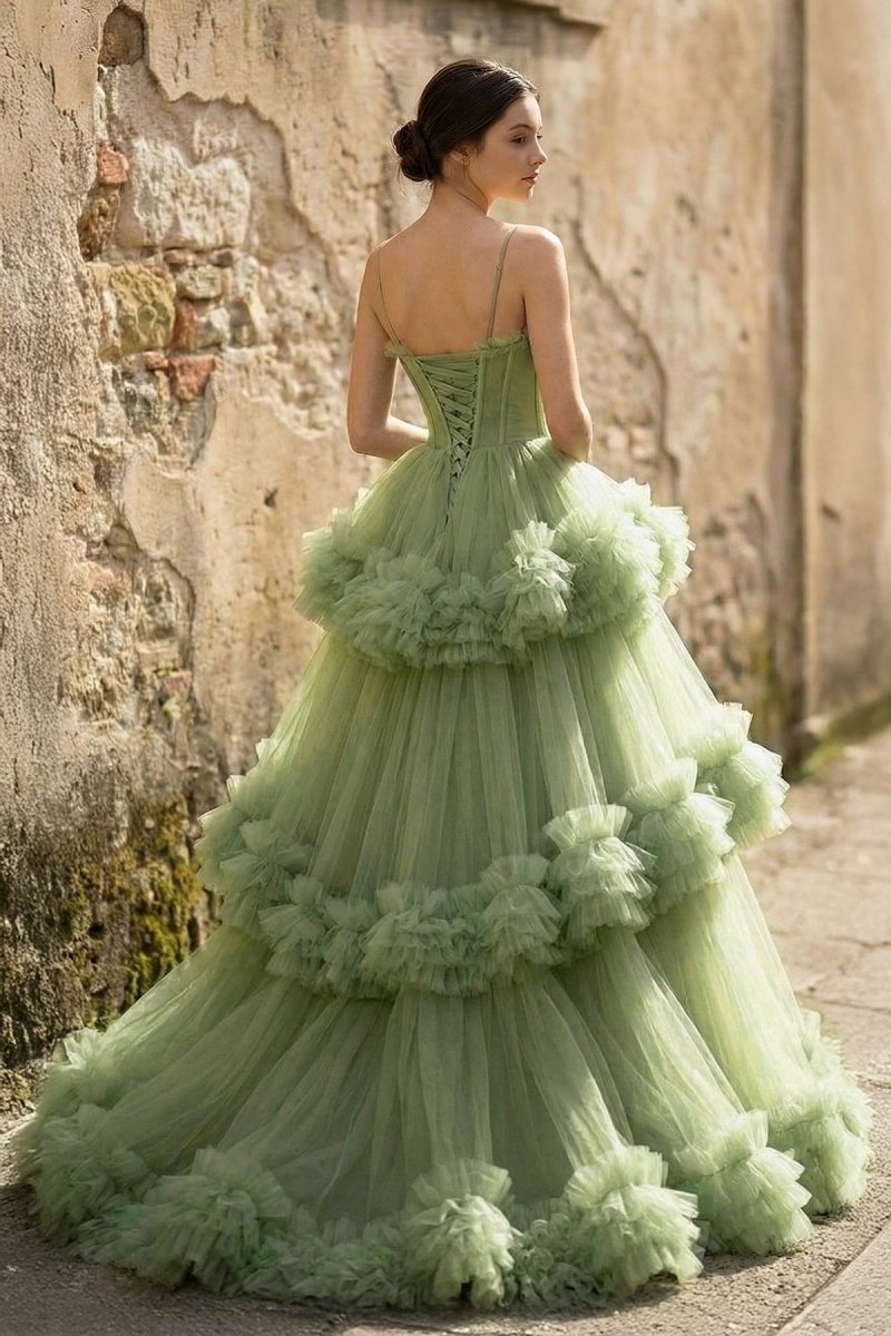 Blakely Long Green A-line Sweetheat Pleated Tulle Prom Dress with Tiered Ruffles Blakely Long Green A-line Sweetheat Pleated Tulle Prom Dress with Tiered Ruffles