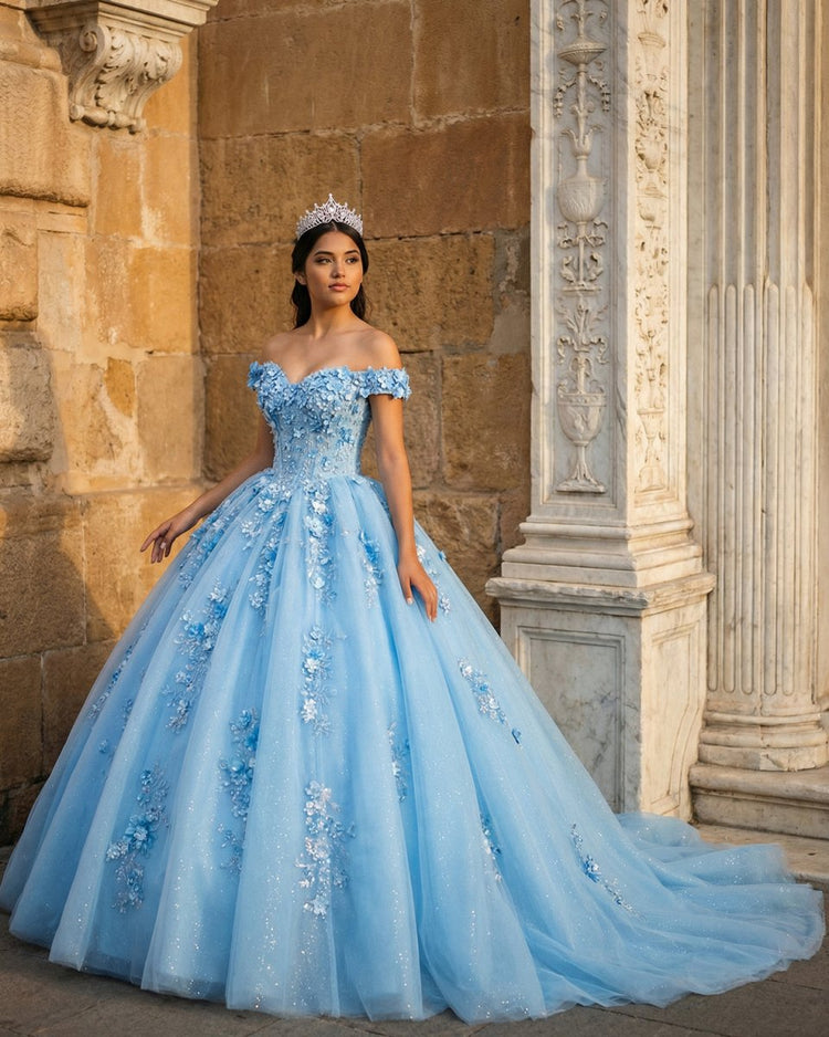 Quinceanera Dress Elegant Sweetheart Off-the-shoulder Appliques Ball Gown Sky Blue / Custom Size