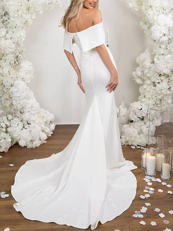 Elegant Trumpet Mermaid Off - The - Shoulder Elastic Satin Wedding Dresses - KissProm