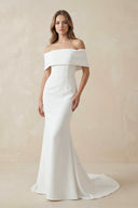 Mermaid Off-The-Shoulder Satin Wedding Dress in White – Dress by KissProm | Available at KissProm
