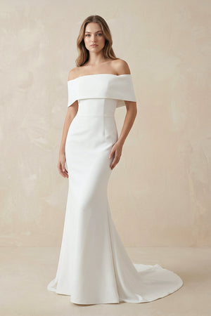 Mermaid Off-The-Shoulder Satin Wedding Dress in White – Dress by KissProm | Available at KissProm
