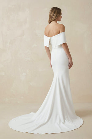 Mermaid Off-The-Shoulder Satin Wedding Dress in White – Dress by KissProm | Available at KissProm