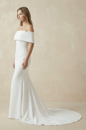 Mermaid Off-The-Shoulder Satin Wedding Dress in White – Dress by KissProm | Available at KissProm