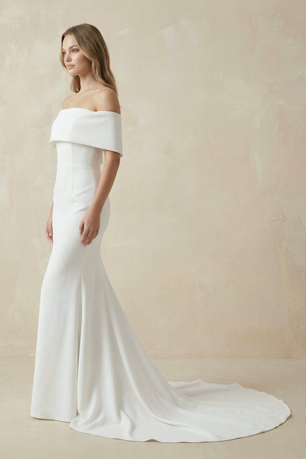 Mermaid Off-The-Shoulder Satin Wedding Dress in White – Dress by KissProm | Available at KissProm