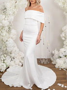 Elegant Trumpet Mermaid Off - The - Shoulder Elastic Satin Wedding Dresses - KissProm