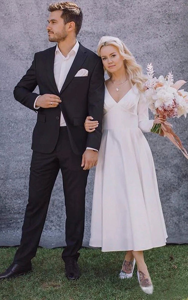 Elegant V-neck Satin A-line Long Sleeve Wedding Dress With Pleats