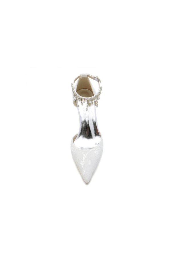 Elegant White Ankle Strap Pearl Beaded Wedding Shoes - KissProm