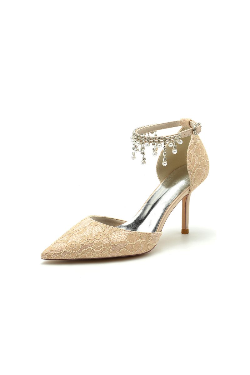 Elegant White Ankle Strap Pearl Beaded Wedding Shoes - KissProm