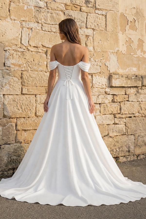 Elegant White Off - the - Shoulder Long Wedding Dress with Slit  – Wedding Dresses by KissProm | Available at KissProm