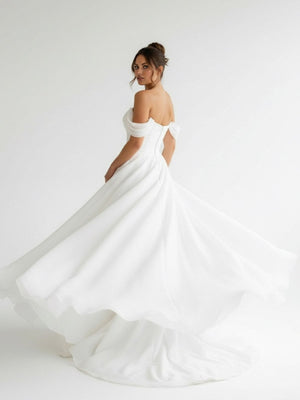 Elegant White Off - the - Shoulder Long Wedding Dress with Slit - KissProm