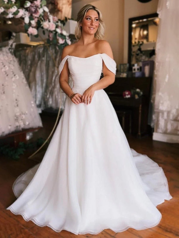 Elegant White Off - the - Shoulder Long Wedding Dress with Slit - KissProm