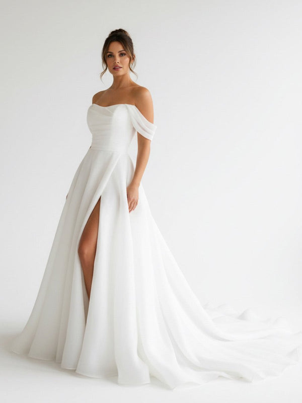 Elegant White Off - the - Shoulder Long Wedding Dress with Slit - KissProm