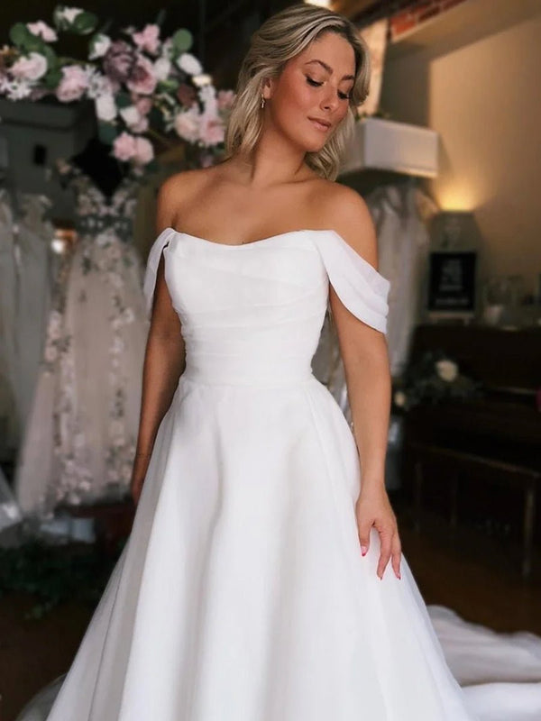 Elegant White Off - the - Shoulder Long Wedding Dress with Slit - KissProm