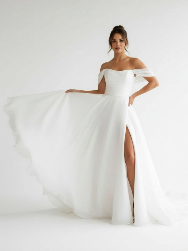 Elegant White Off - the - Shoulder Long Wedding Dress with Slit - KissProm