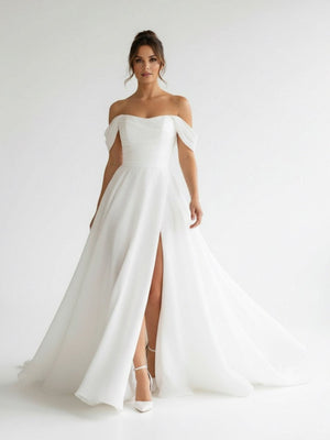 Elegant White Off - the - Shoulder Long Wedding Dress with Slit - KissProm