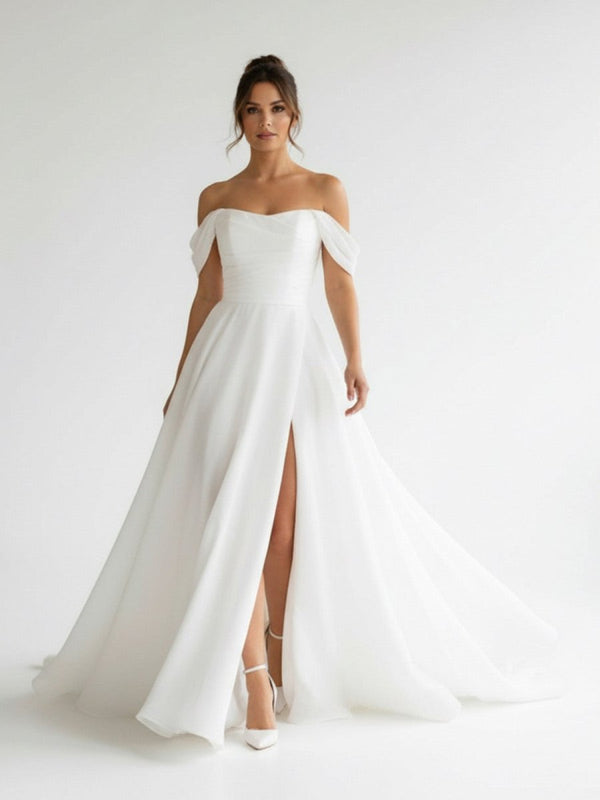 Elegant White Off - the - Shoulder Long Wedding Dress with Slit - KissProm