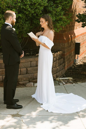 Mermaid White Off-the-Shoulder Chiffon Long Wedding Dress  – Wedding Dresses by KissProm | Available at KissProm