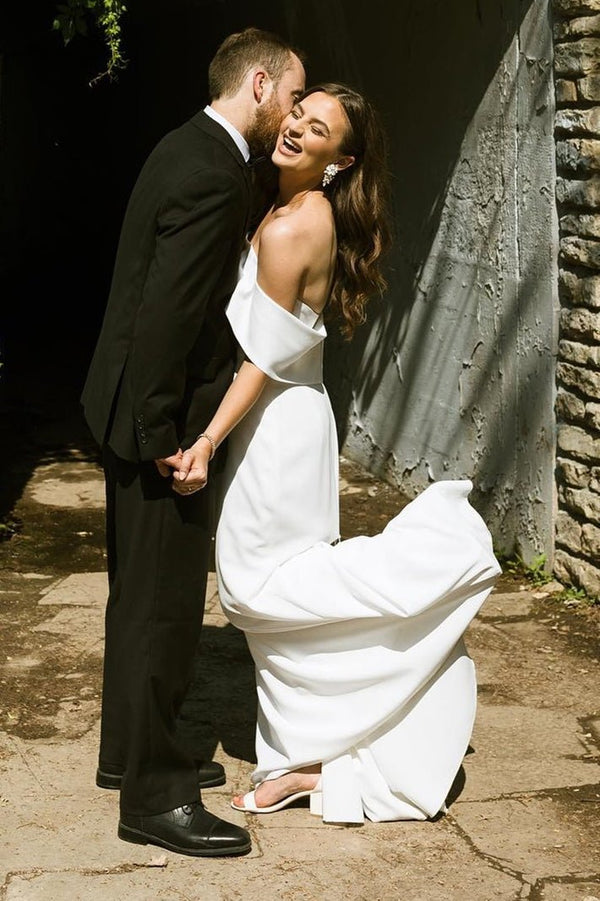 Mermaid White Off-the-Shoulder Chiffon Long Wedding Dress  – Wedding Dresses by KissProm | Available at KissProm