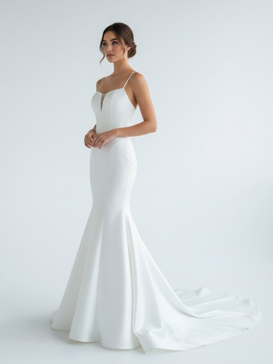 Mermaid White Spaghetti Straps Long Lace Wedding Dress - KissProm