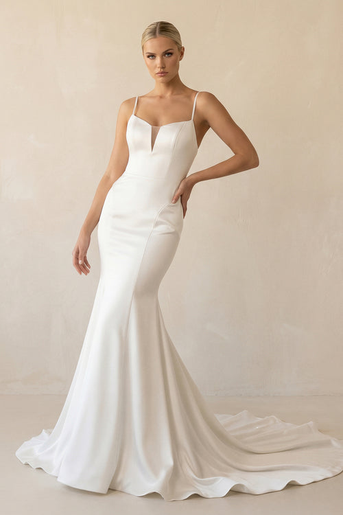 Mermaid White Spaghetti Straps Long Lace Wedding Dress  – Wedding Dresses by KissProm | Available at KissProm