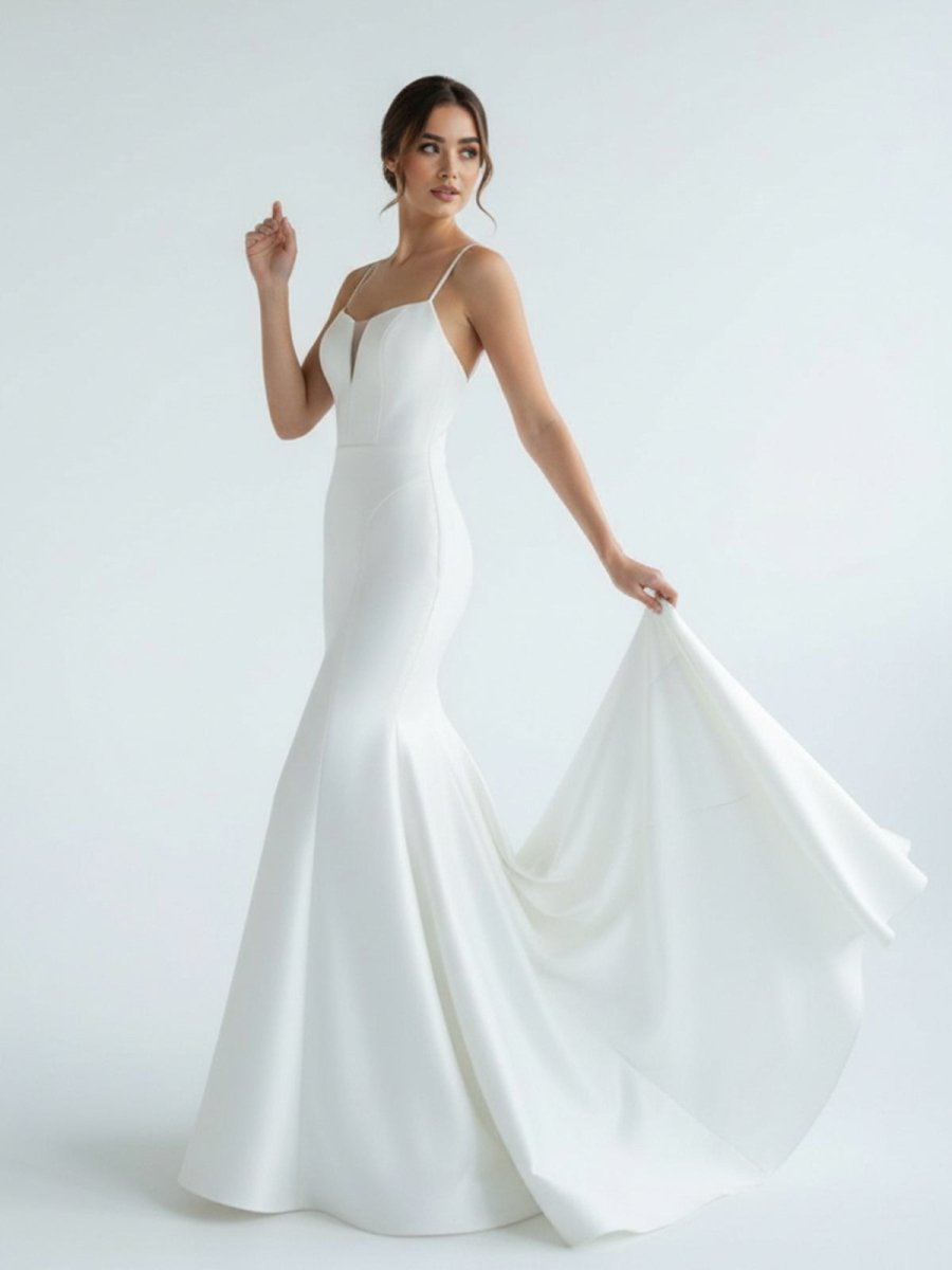 Mermaid White Spaghetti Straps Long Lace Wedding Dress - KissProm