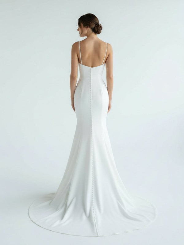 Mermaid White Spaghetti Straps Long Lace Wedding Dress - KissProm