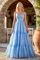 Cute A Line Spaghetti Straps Light Blue Glitter Organza Satin Prom Dress - KissProm