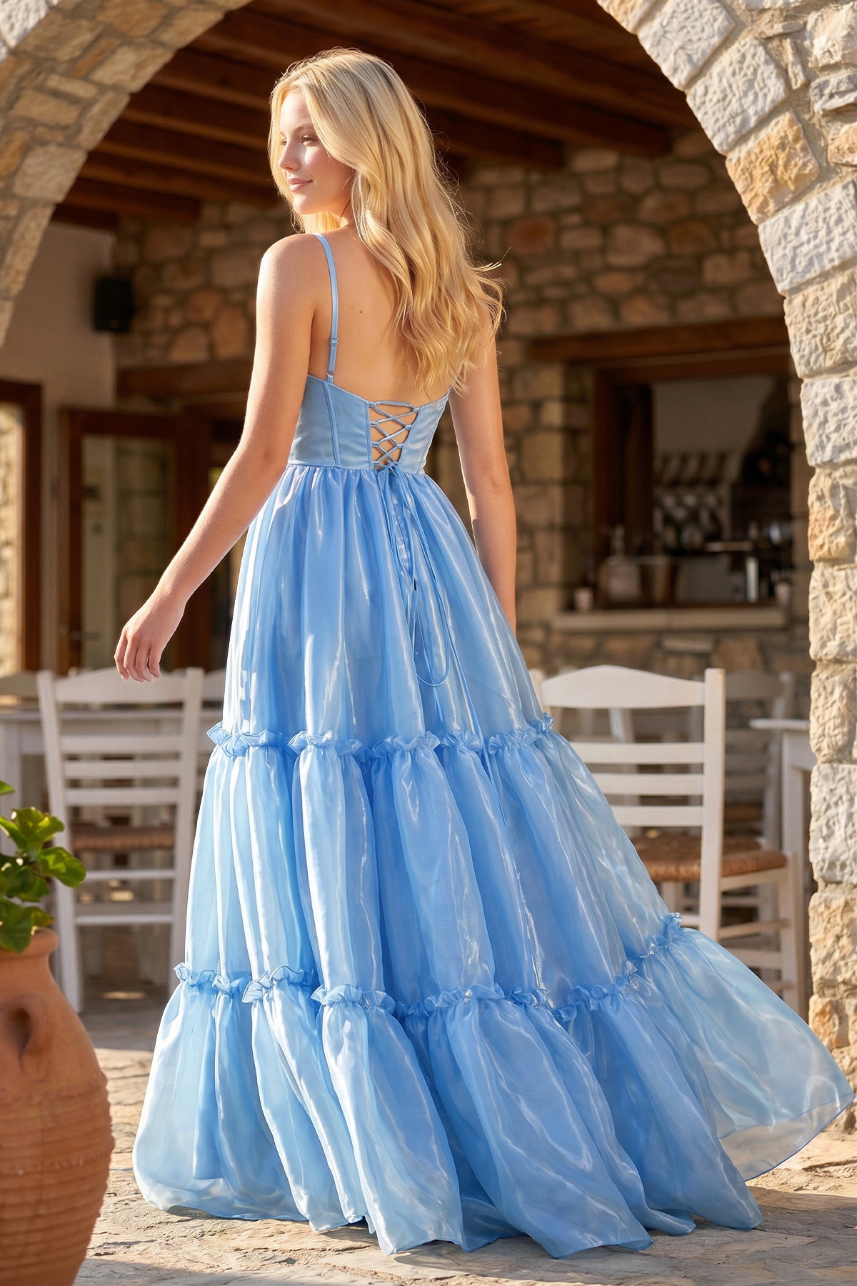 KissProm Cute A Line Spaghetti Straps Light Blue Glitter Organza Satin Prom Dress, Blue / 0