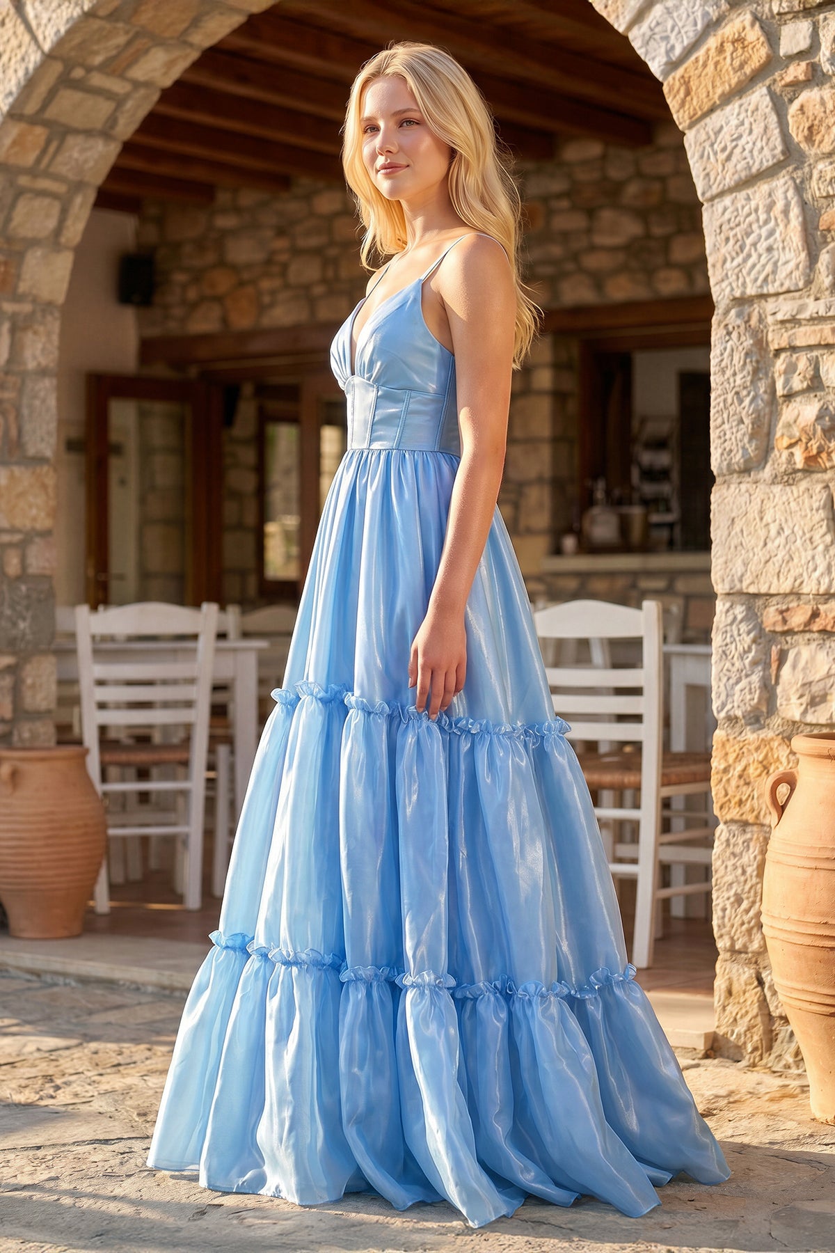 KissProm Cute A Line Spaghetti Straps Light Blue Glitter Organza Satin Prom Dress, Blue / 0