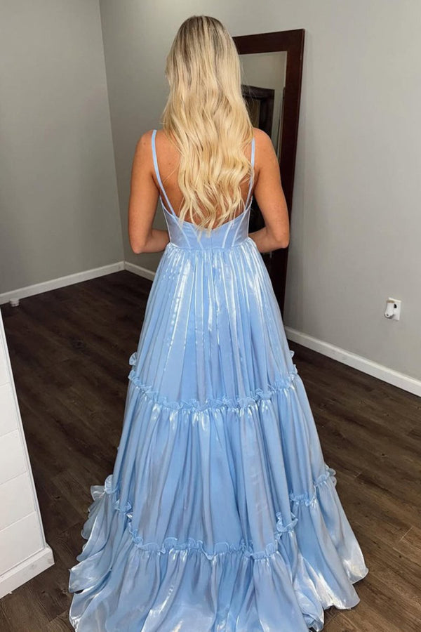 Elian | Cute A Line V Neck Light Blue Glitter Organza Satin Prom Dress -KissProm