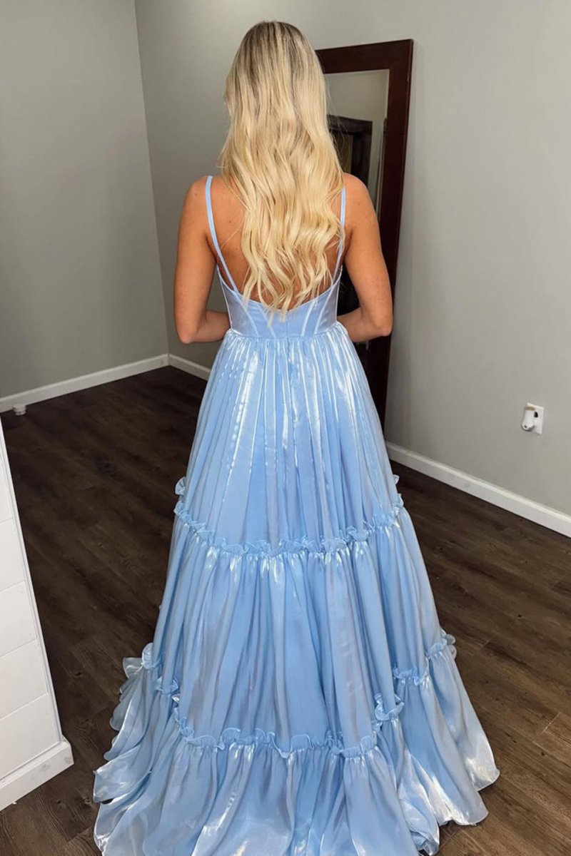 Cute A Line Spaghetti Straps Light Blue Glitter Organza Satin Prom Dress Blue / 0 Cute A Line Spaghetti Straps Light Blue Glitter Organza Satin Prom Dress Blue / 0