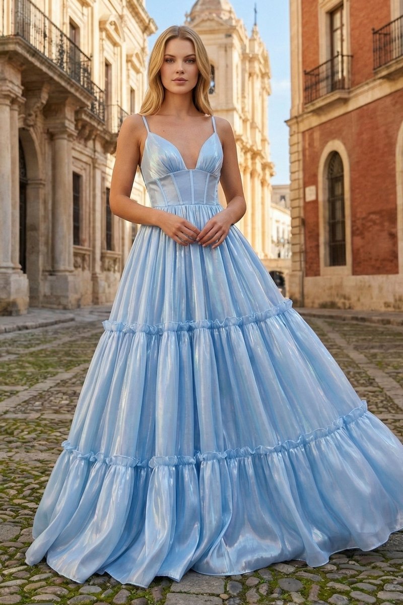 Cute A Line V Neck Light Blue Glitter Organza Satin Prom Dress - KissProm