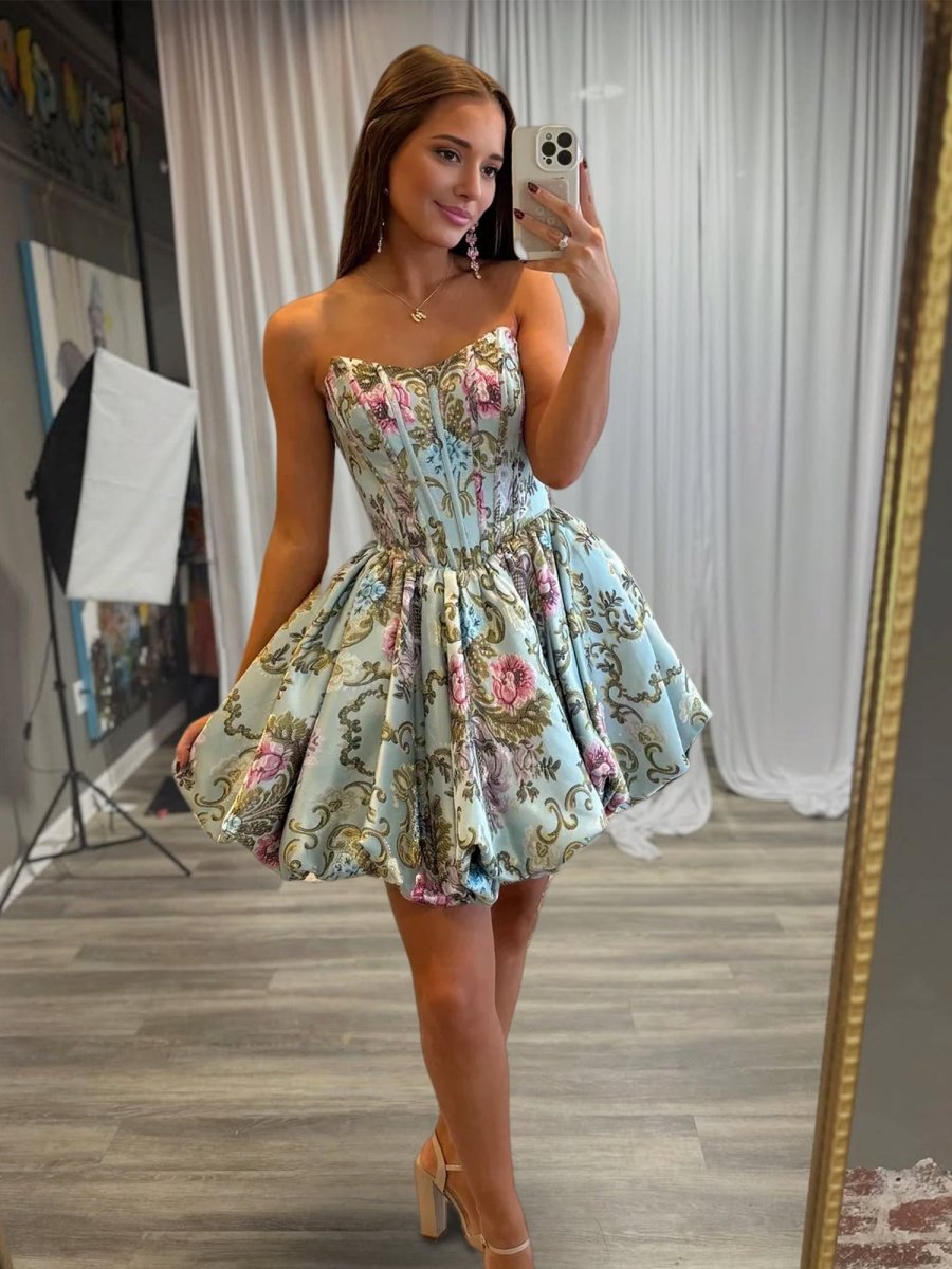 Elira | Sky Blue - A Line Brocade Strapless Corset Floral Homecoming Dress with Bubble Hem