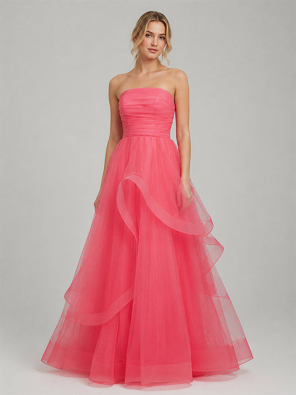 Light Pink A Line Strapless Organza Prom Dress - KissProm
