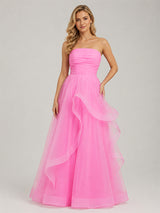 Light Pink A Line Strapless Organza Prom Dress - KissProm