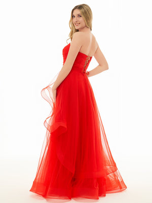 KissProm-Elisa Red A Line Strapless Organza Prom Dress