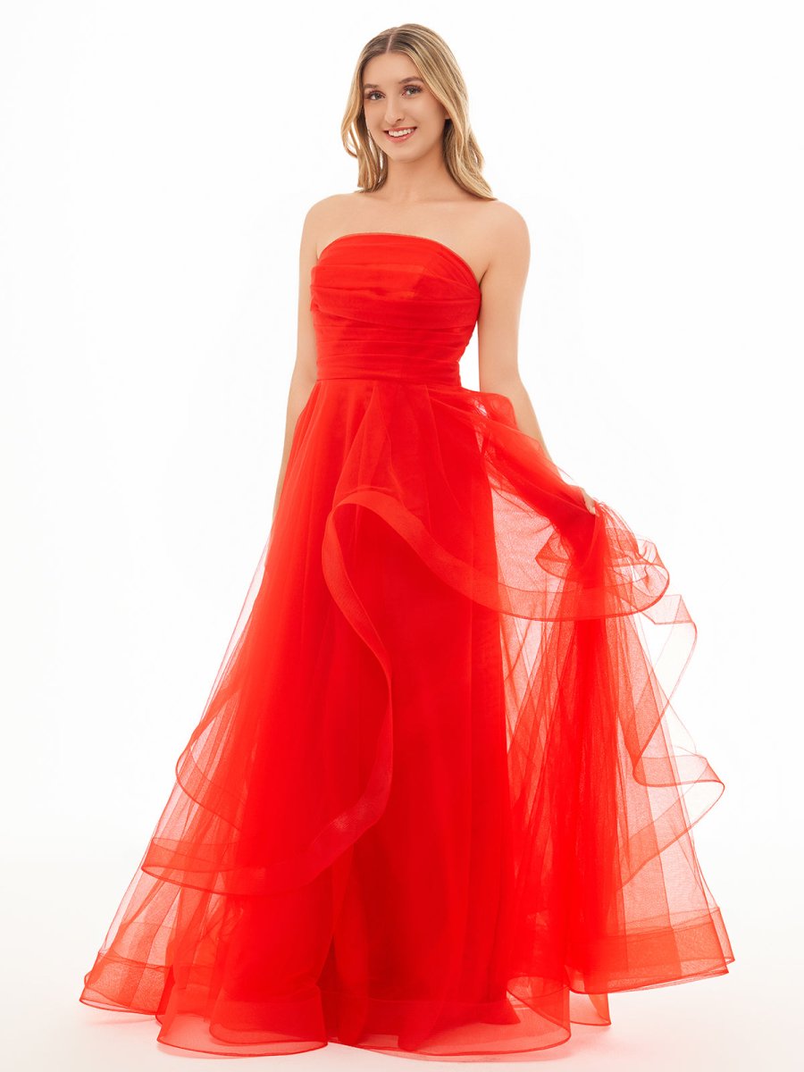 KissProm-Elisa Red A Line Strapless Organza Prom Dress