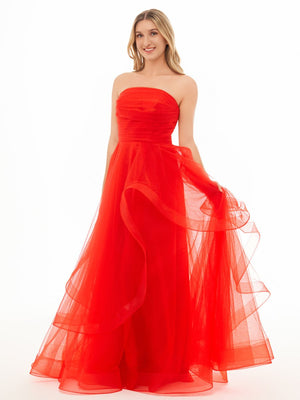 KissProm-Elisa Red A Line Strapless Organza Prom Dress