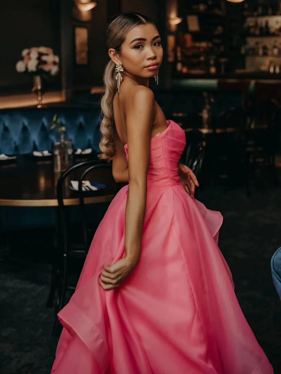 KissProm-Elisa Candy Pink A Line Strapless Organza Prom Dress