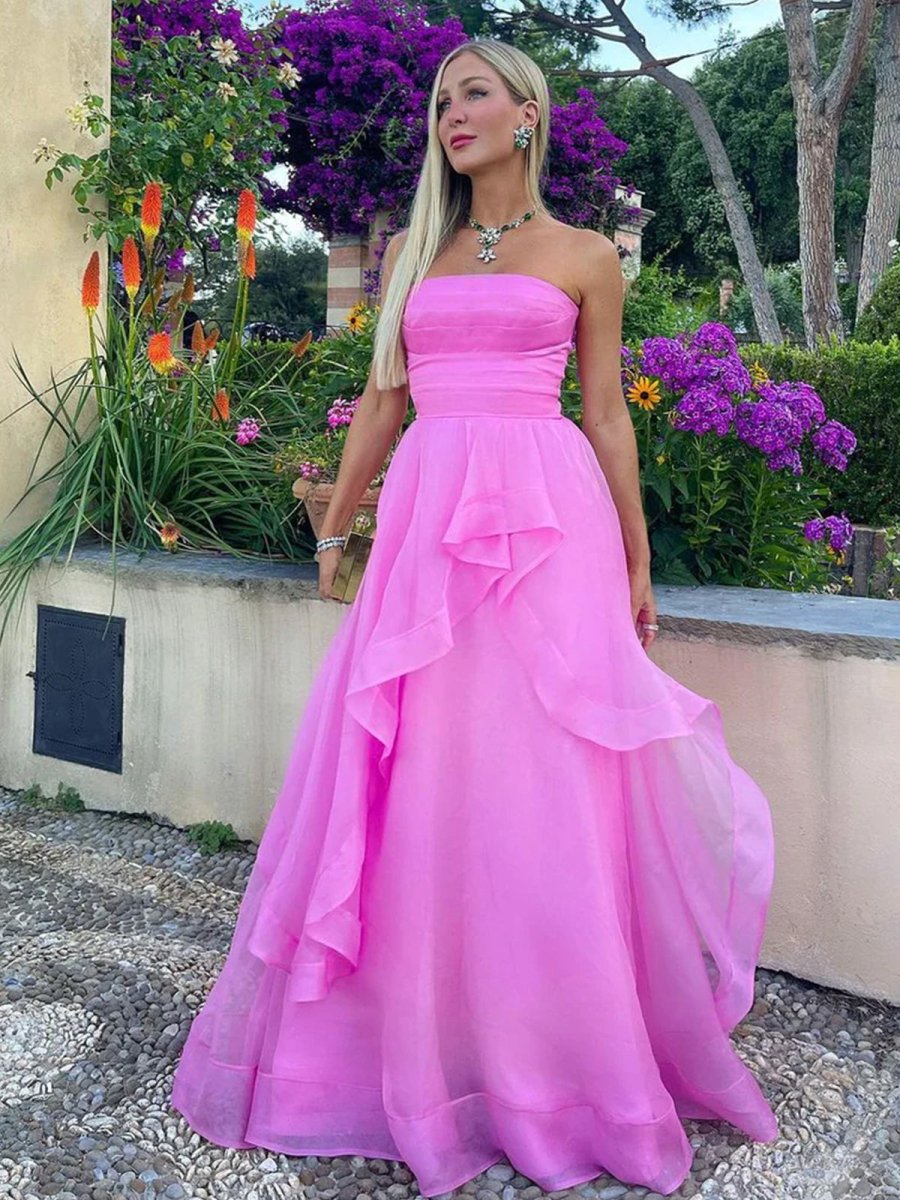 KissProm-Elisa Fuchsia A Line Strapless Organza Prom Dress