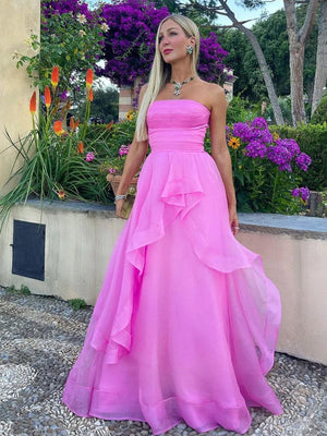 KissProm-Elisa Fuchsia A Line Strapless Organza Prom Dress