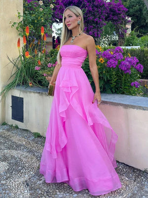 KissProm-Elisa Fuchsia A Line Strapless Organza Prom Dress