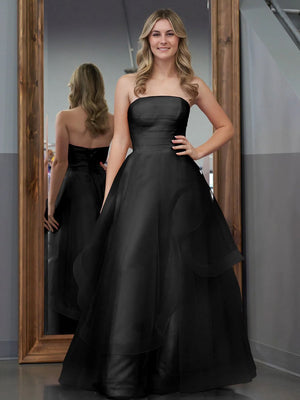 KissProm-Elisa Black A Line Strapless Organza Prom Dress